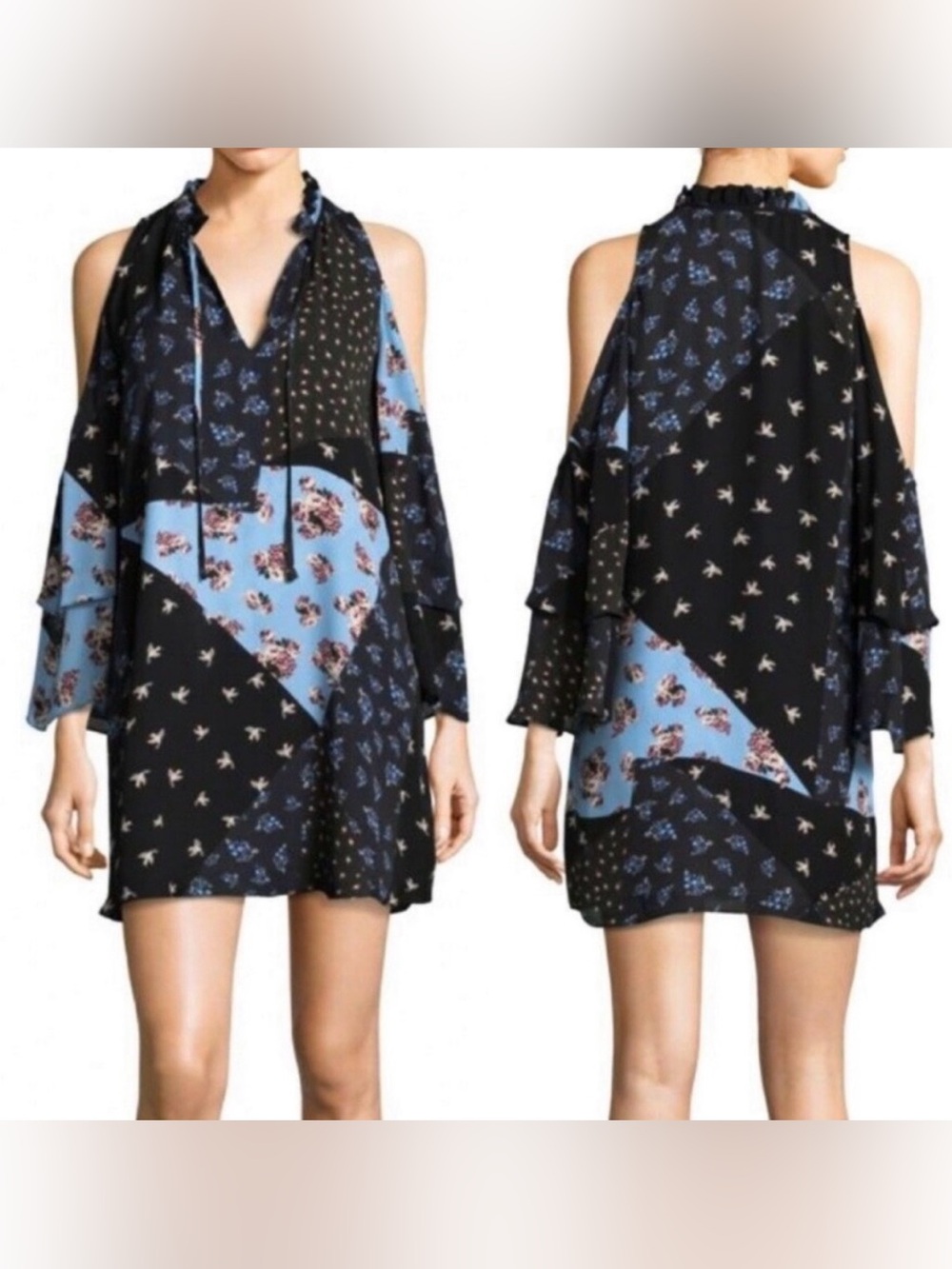 PARKER Anastasia Cold-Shoulder 100% Silk Dress XS Mini Fluffy Sleeve Floral $298